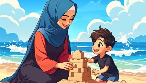 تصویر کارتونی مادر و پسر بچه در ساحل دریا