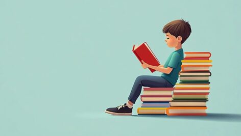 تصویر پسربچه در حال کتاب خواندن