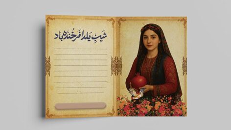 فایل لایه باز کارت پستال شب یلدا طرح دختر کرد