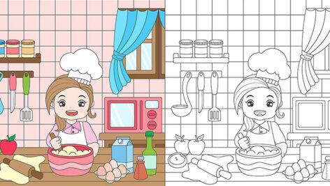 وکتور آموزش رنگ آمیزی کودکان طرح آشپزی