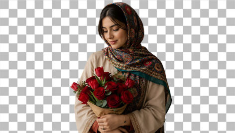 تصویر PNG دختر ایرانی با روسری سنتی و دسته گل رز