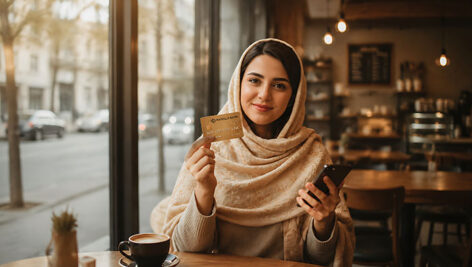 تصویر زن جوان در حال خرید آنلاین با کارت بانکی و موبایل