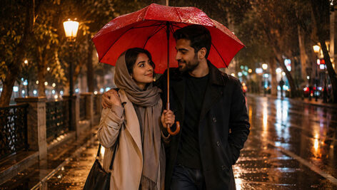 دانلود عکس دختر و پسر ایرانی زیر باران با چتر قرمز | تصویر عاشقانه باکیفیت