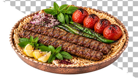 دانلود عکس دوربری شده کباب کوبیده سنتی در دیس مسی PNG | تصویر غذای ایرانی