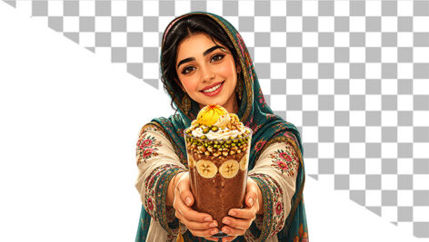 دانلود عکس دوربری شده دختر ایرانی با لیوان معجون سنتی ایرانی PNG با کیفیت بالا